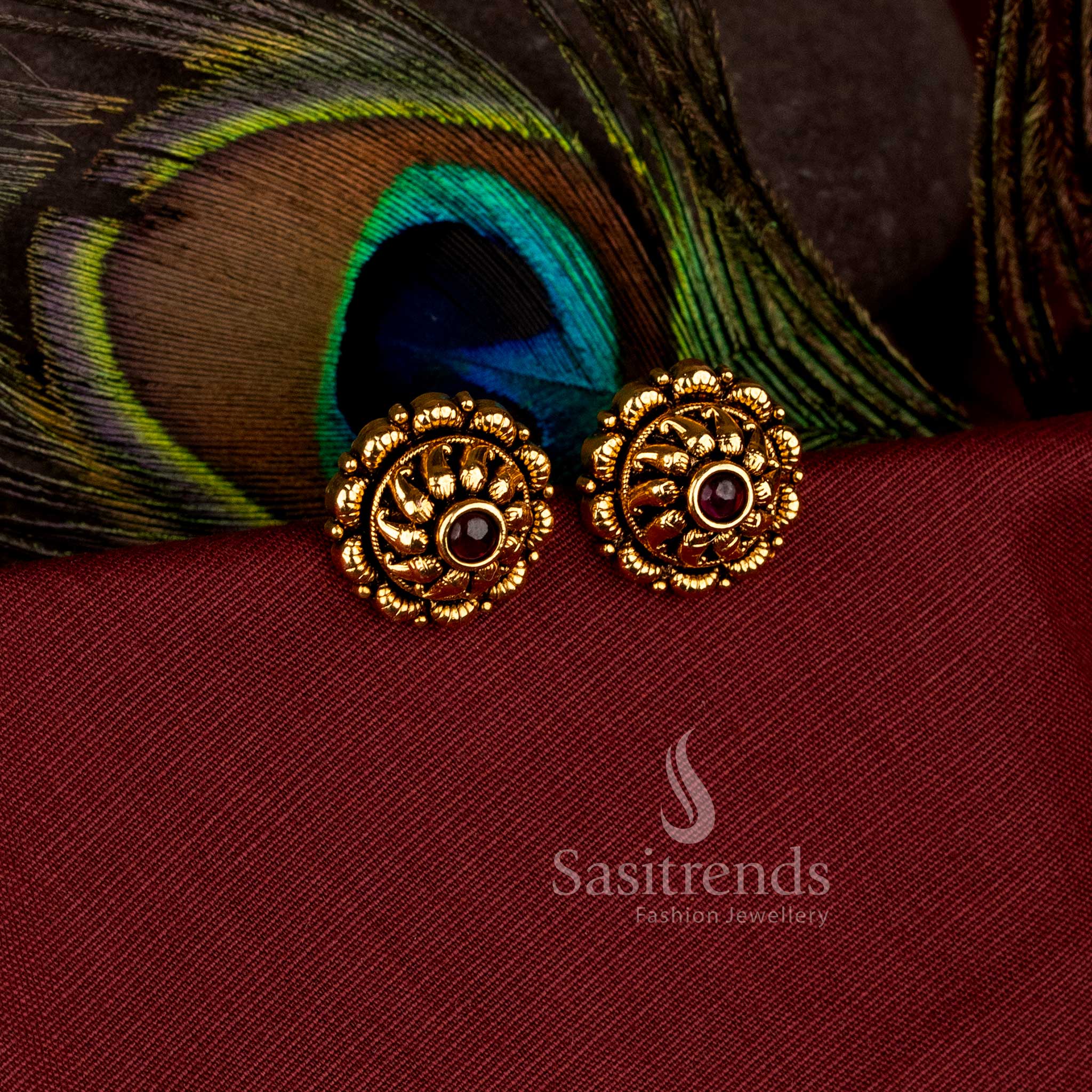 Lovely round sun coin matte gold plated stud earrings with ad stone - Sasitrends