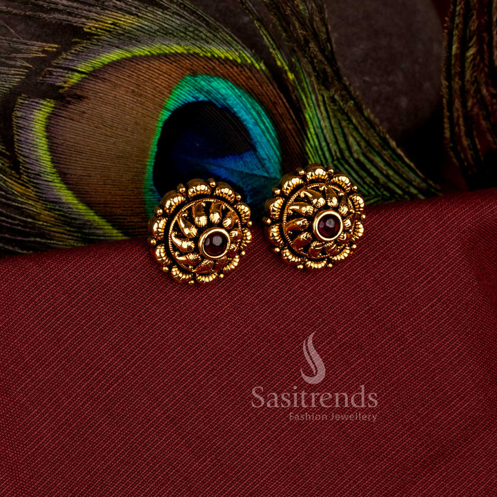 Lovely round sun coin matte gold plated stud earrings with ad stone - Sasitrends