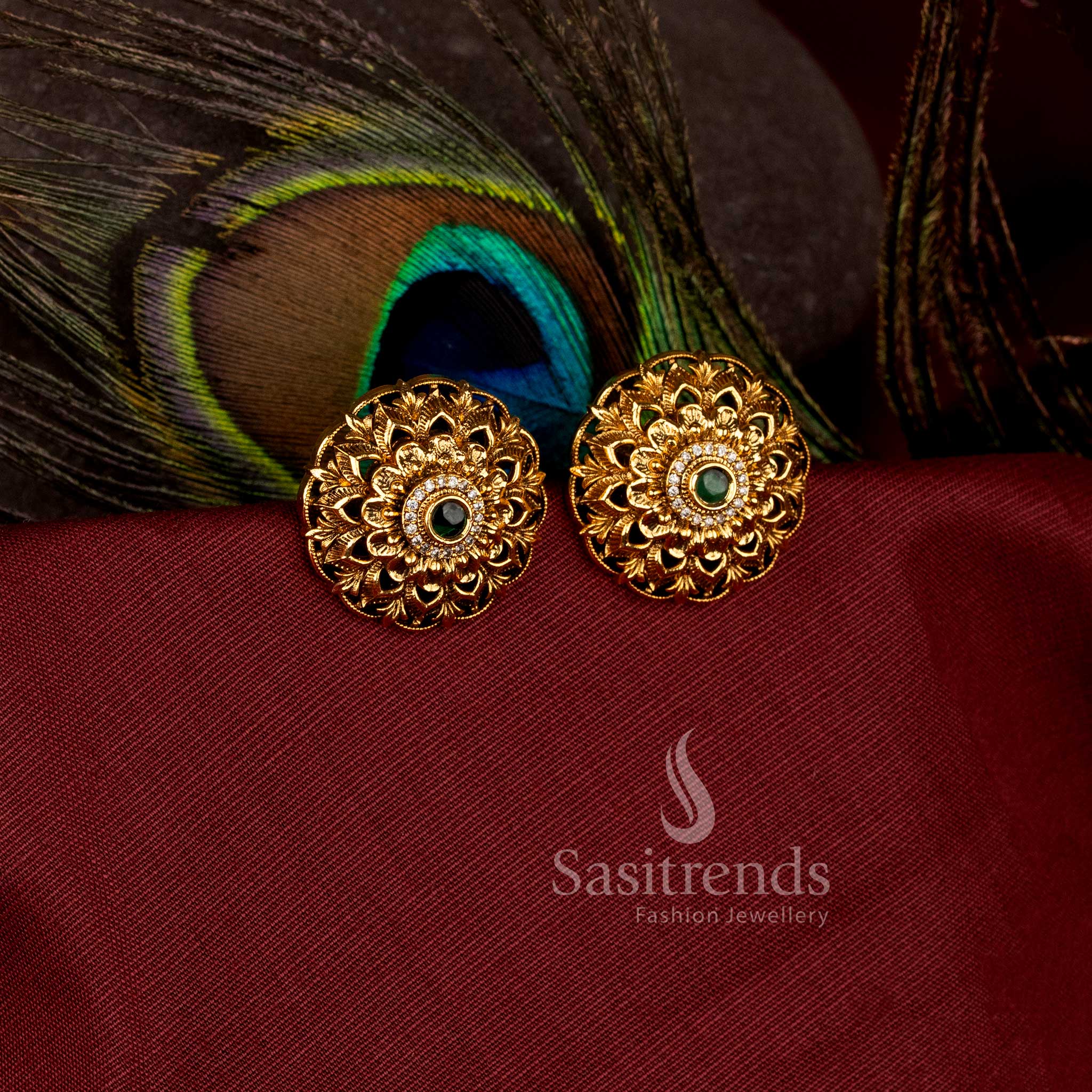 Elegant floral design round stud earrings with rich antique appearance - Sasitrends