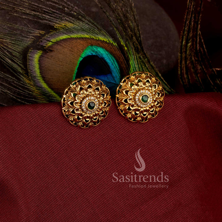 Elegant floral design round stud earrings with rich antique appearance - Sasitrends