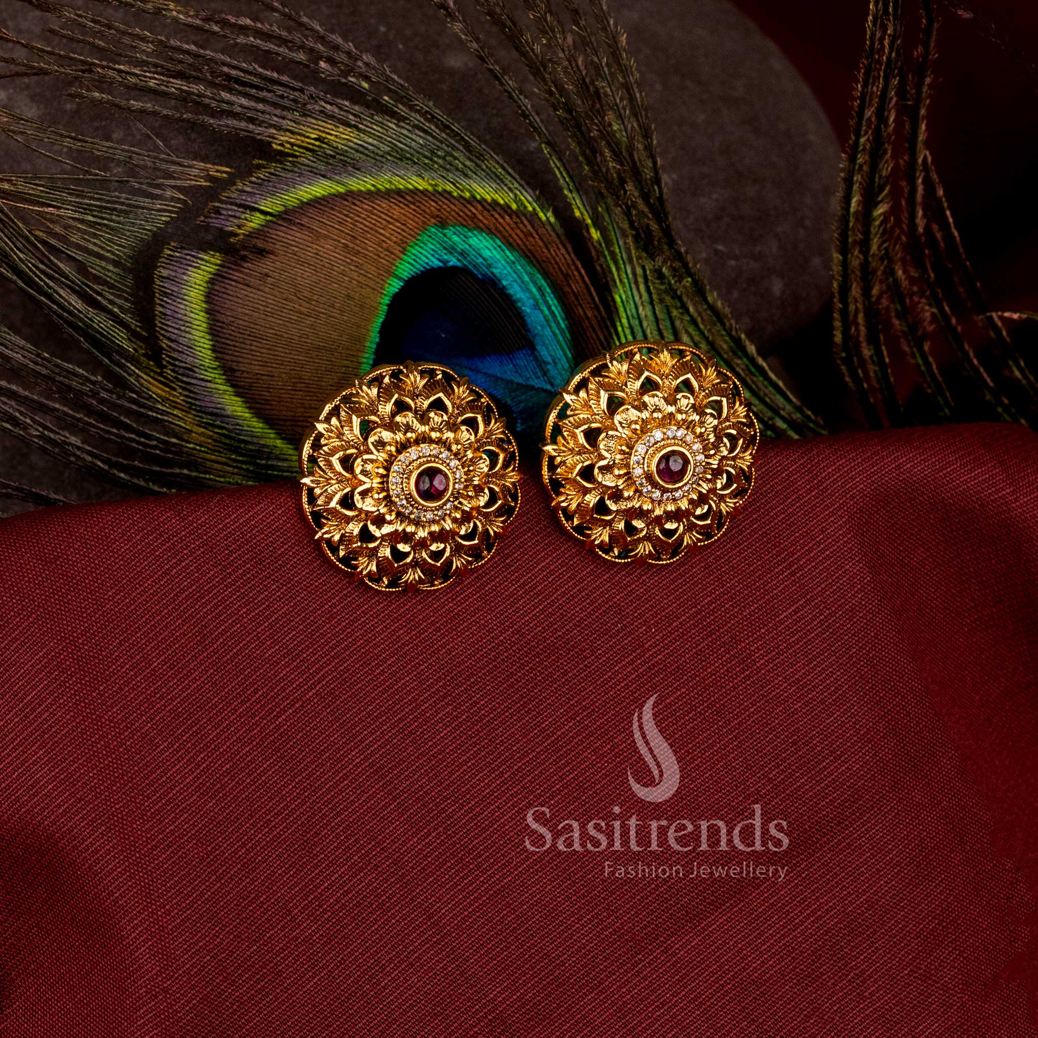 Stunning round flower coin matte gold plated stud earrings with ad stones - Sasitrends