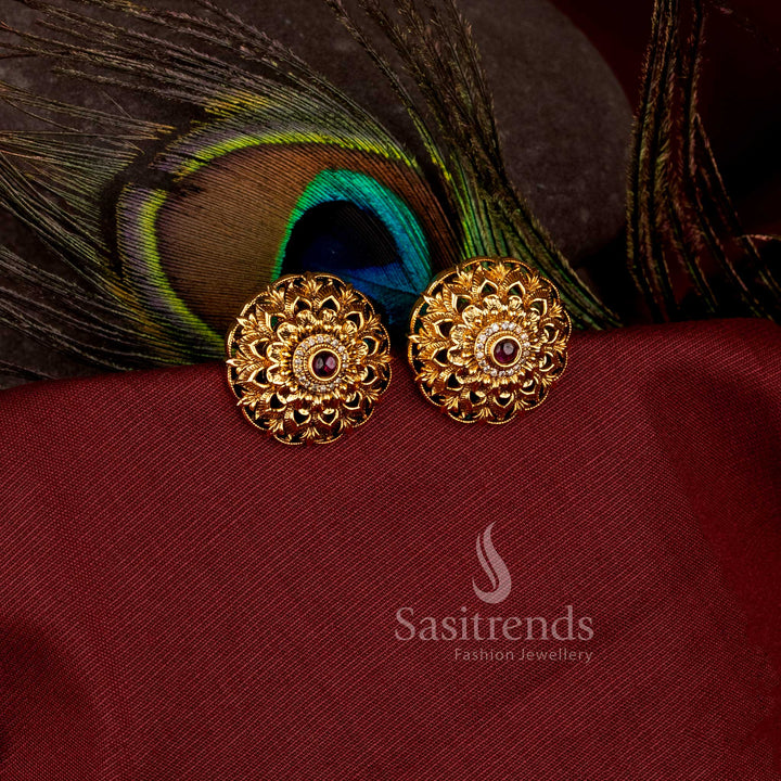 Stunning round flower coin matte gold plated stud earrings with ad stones - Sasitrends
