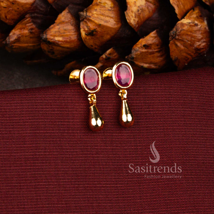 Guaranteed One Gram Micro Gold Ruby AD Stone Oval Earrings 
