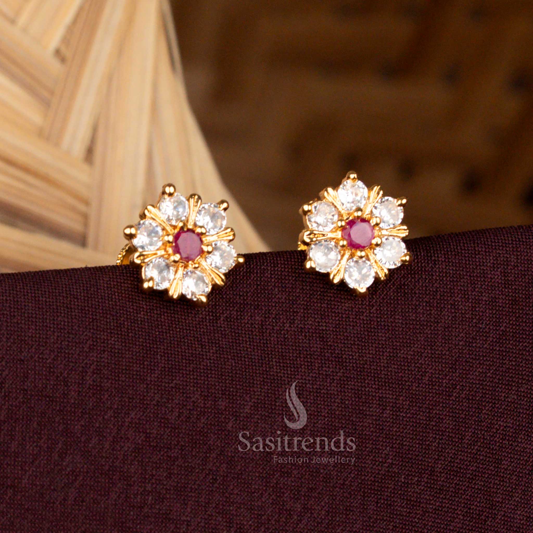 Micro Gold Plated White ruby AD Stone Flower Stud Earrings - Sasitrends