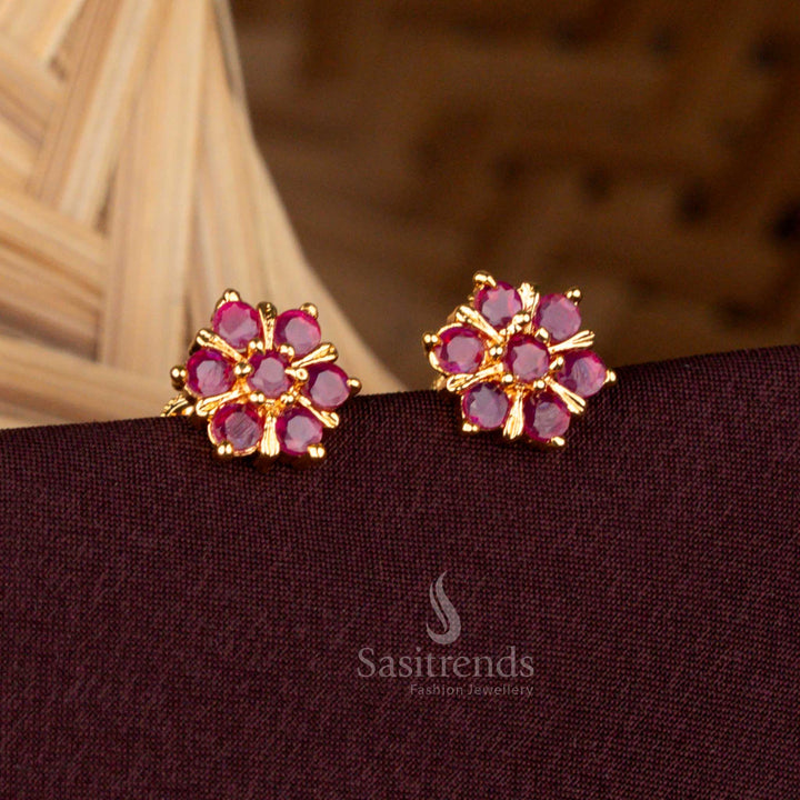 Guaranteed Micro Gold Plated ruby AD Stone Flower Stud Earrings - Sasitrends