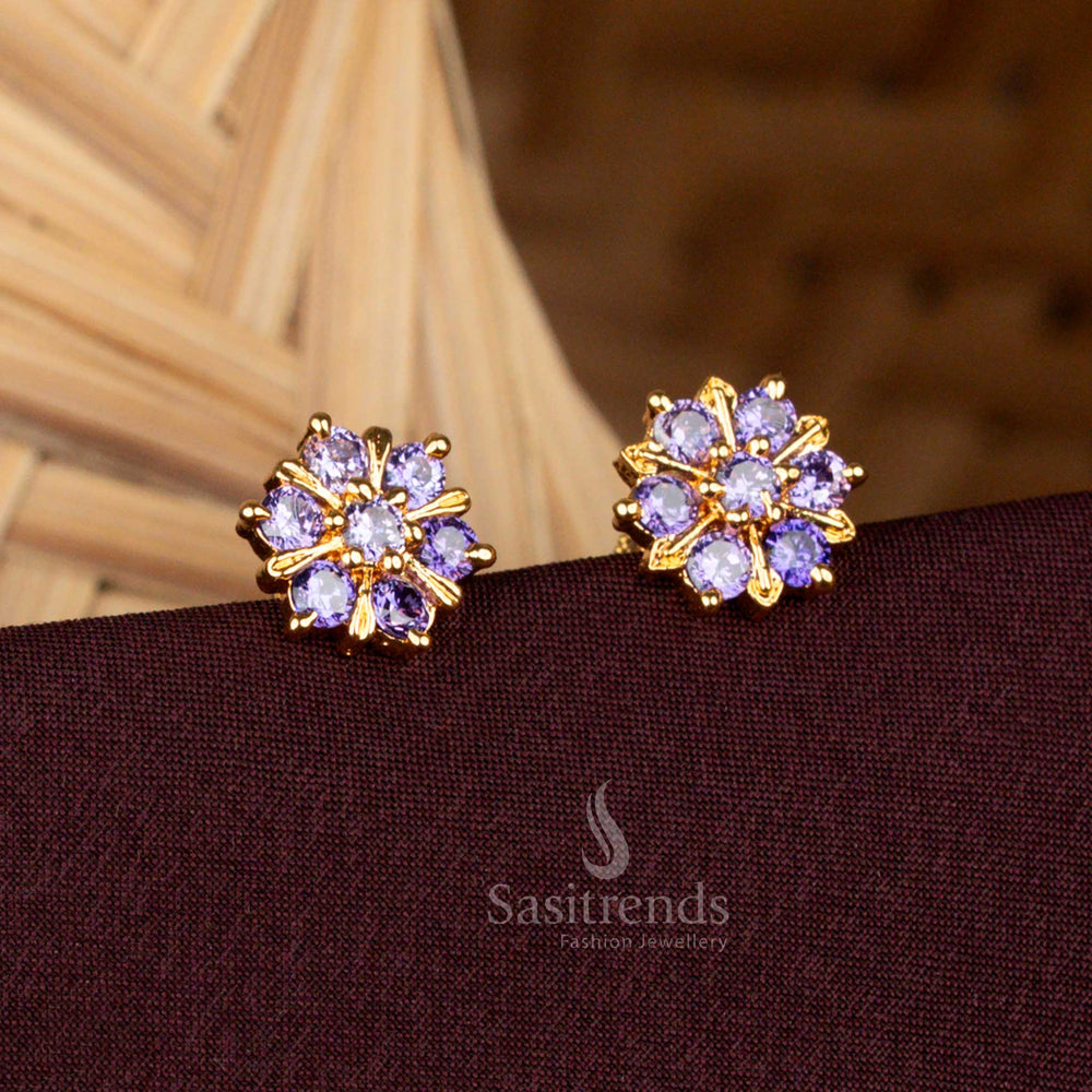 Guaranteed Micro Gold Plated violet AD Stone Flower Stud Earrings - Sasitrends