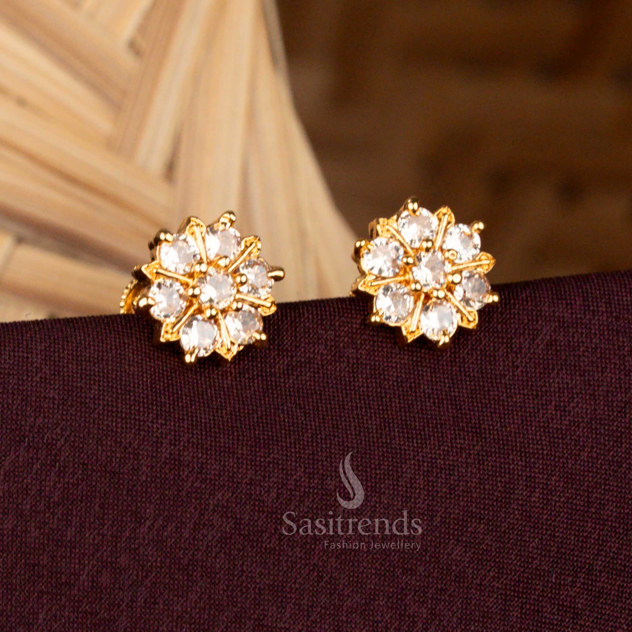 Traditional One Gram Micro Gold Plated Screw Type AD Flower Stud Earrings | 24K Gold Plated
