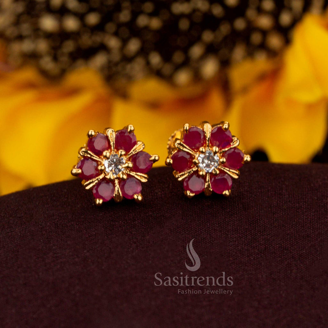 Guaranteed Micro Gold Plated ruby white AD Stone Flower Stud Earrings - Sasitrends