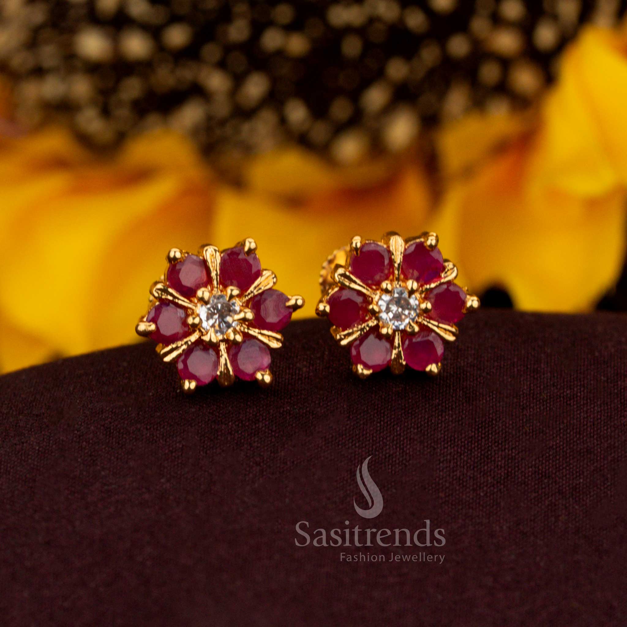 Guaranteed Micro Gold Plated ruby white AD Stone Flower Stud Earrings - Sasitrends