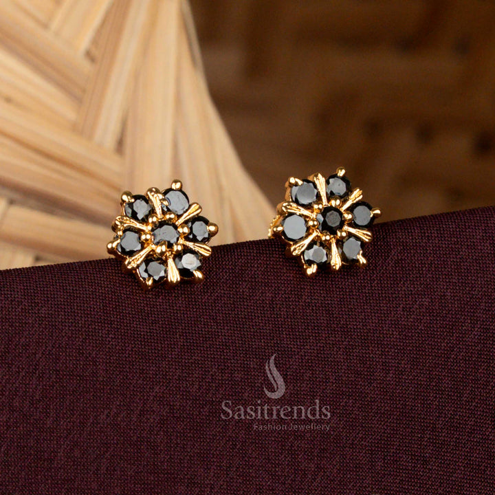 Traditional Micro Gold Plated Black AD Stone Flower Stud Earrings - Sasitrends