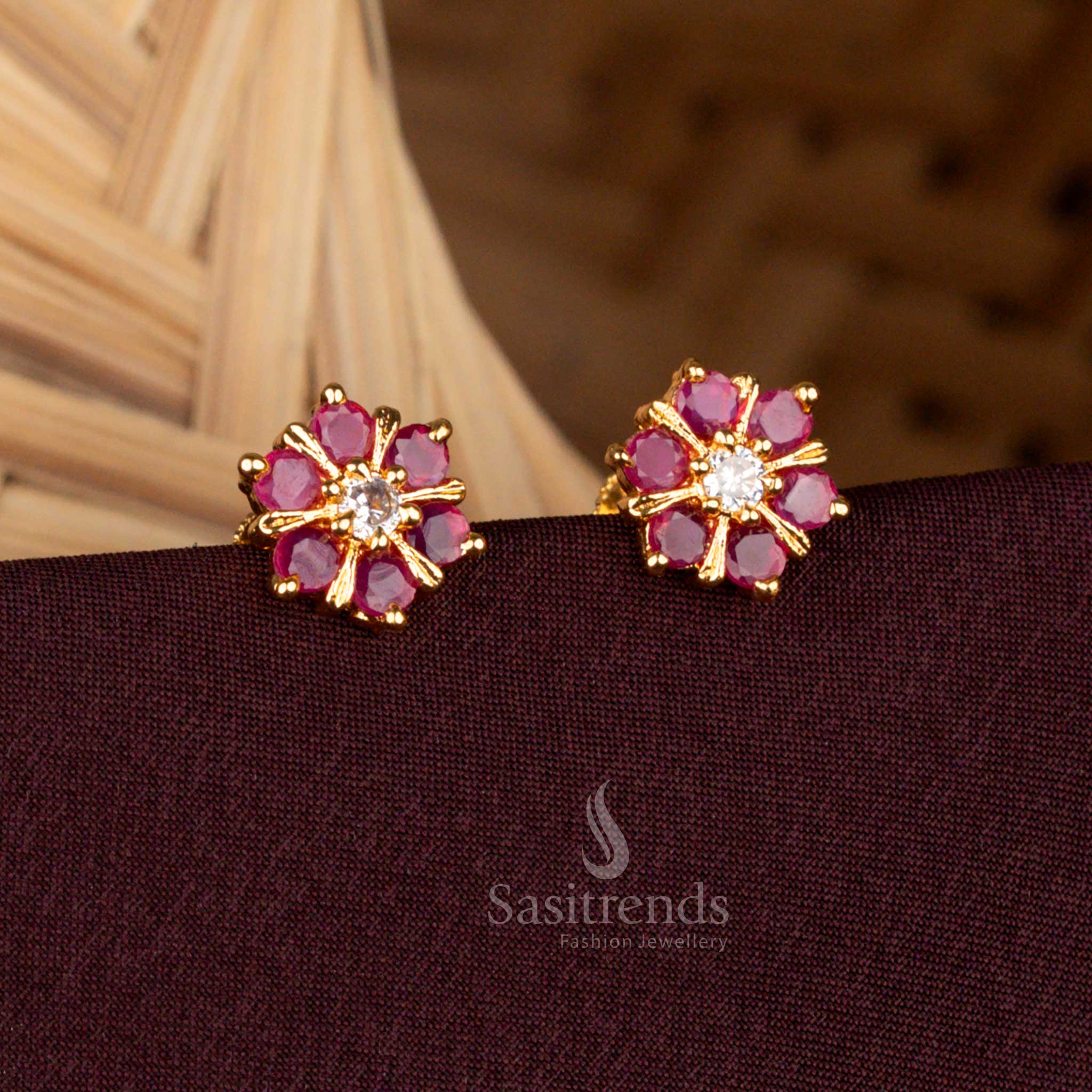 Guaranteed Micro Gold Plated ruby white AD Stone Flower Stud Earrings - Sasitrends