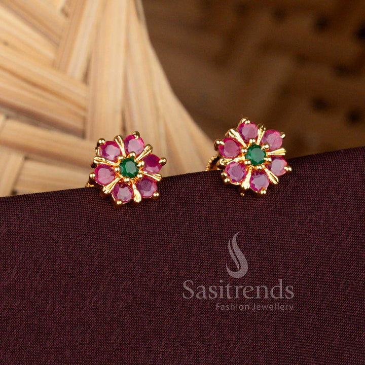 Elegant Micro Gold Plated Ruby Green AD Stone Flower Stud Earrings - Sasitrends