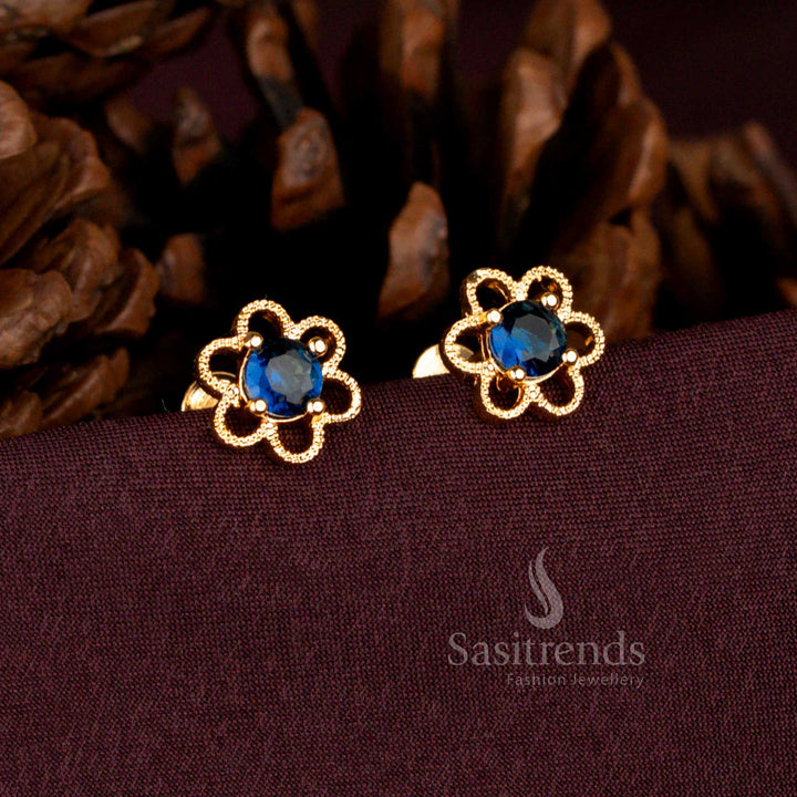 Elegant Micro Gold Plated AD Six-Petal Floral Stud Earrings with Premium Screw Type Back