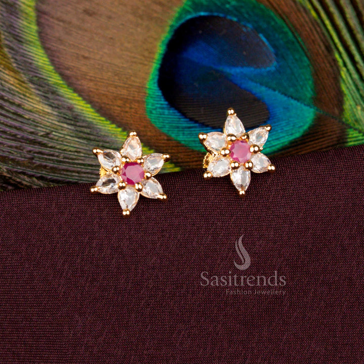 Micro Gold Plated Six-Petal Floral Stud Earrings for Temple Wear One Gram Gold Look