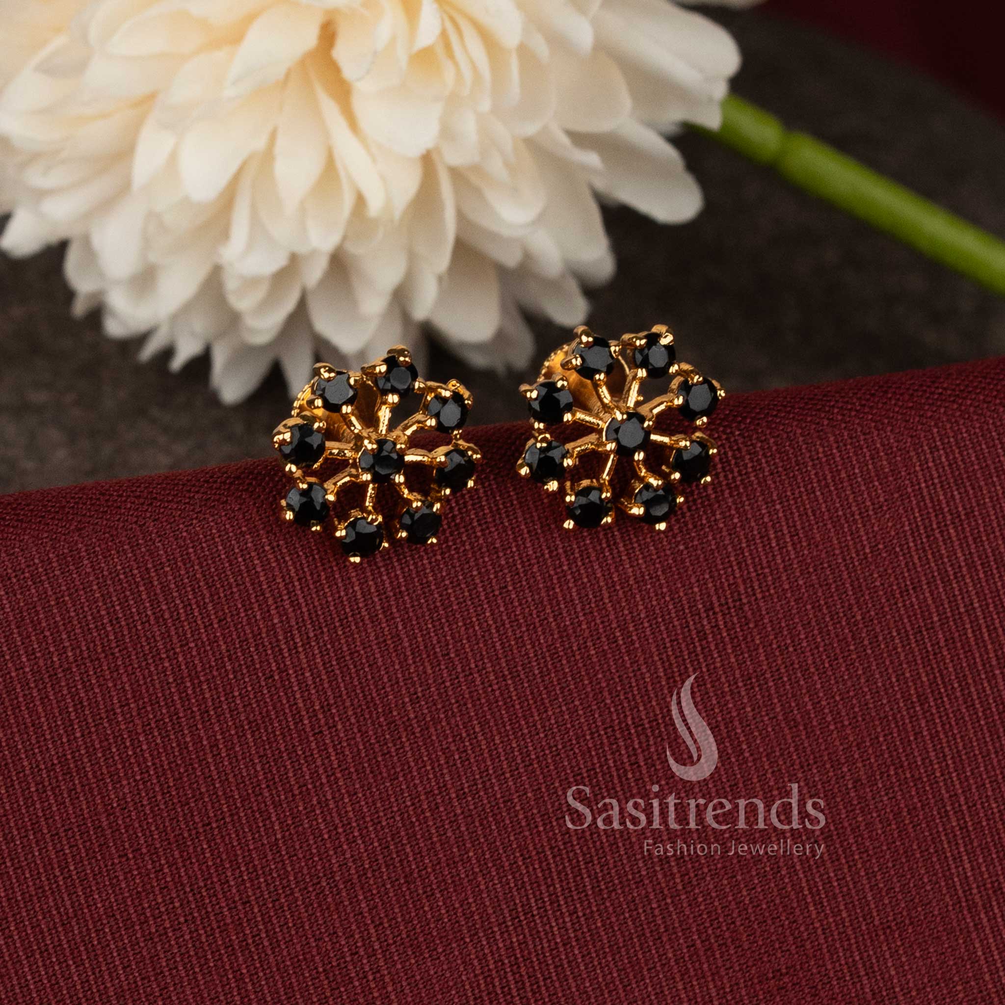 Elegant floral pattern micro gold plated stud earrings featuring Black stone detailing - Sasitrends.