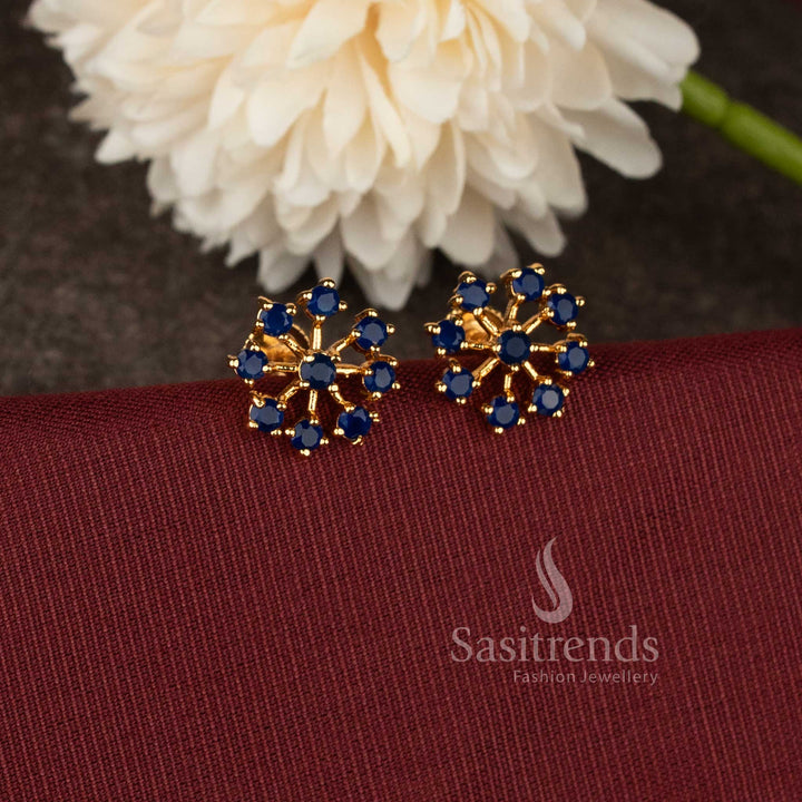 Stylish one gram micro gold plated Navarathna floral screw type stud earrings with Blue stones for party and cultural wear - Sasitrends.
