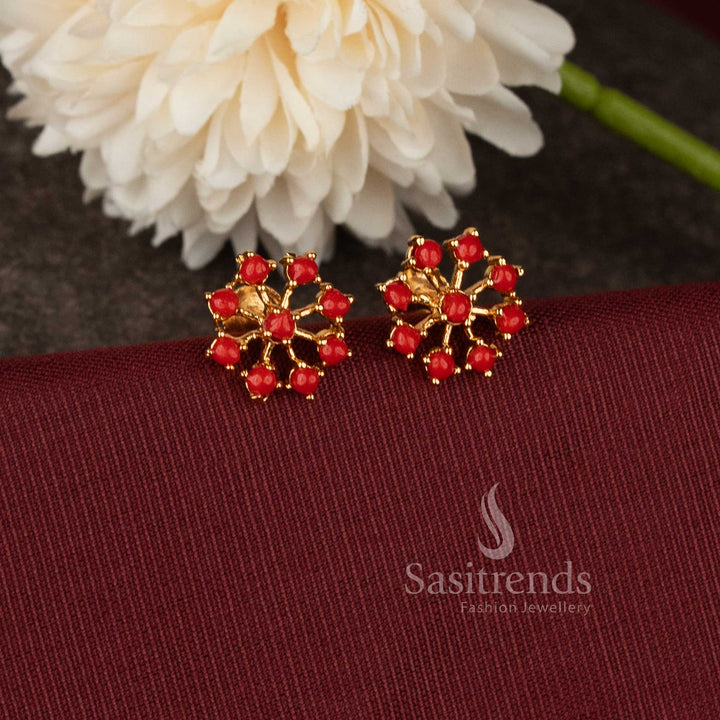 Stylish one gram micro gold plated Navarathna floral screw type stud earrings with Pavalam stones for party and cultural wear - Sasitrends.