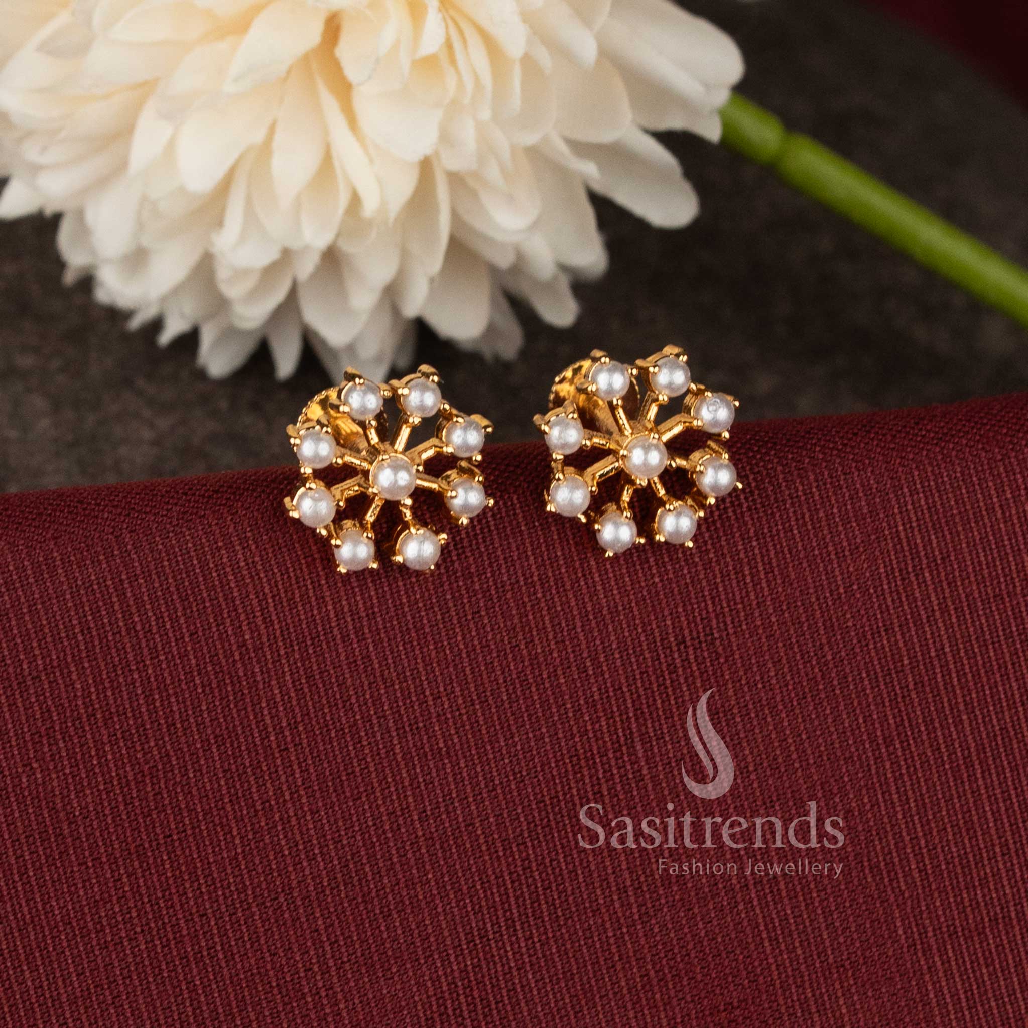 Elegant floral pattern micro gold plated stud earrings featuring Pearl stone detailing - Sasitrends.