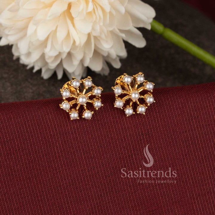 Elegant floral pattern micro gold plated stud earrings featuring Pearl stone detailing - Sasitrends.