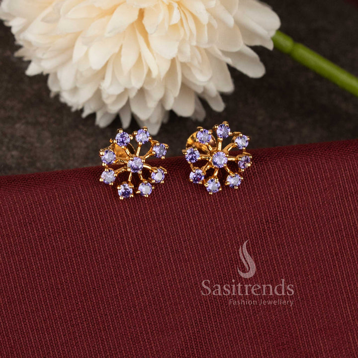 Elegant floral pattern micro gold plated stud earrings featuring Purple stone detailing - Sasitrends.