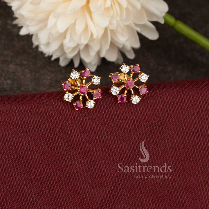 Stylish one gram micro gold plated Navarathna floral screw type stud earrings with White Ruby stones for party and cultural wear - Sasitrends.