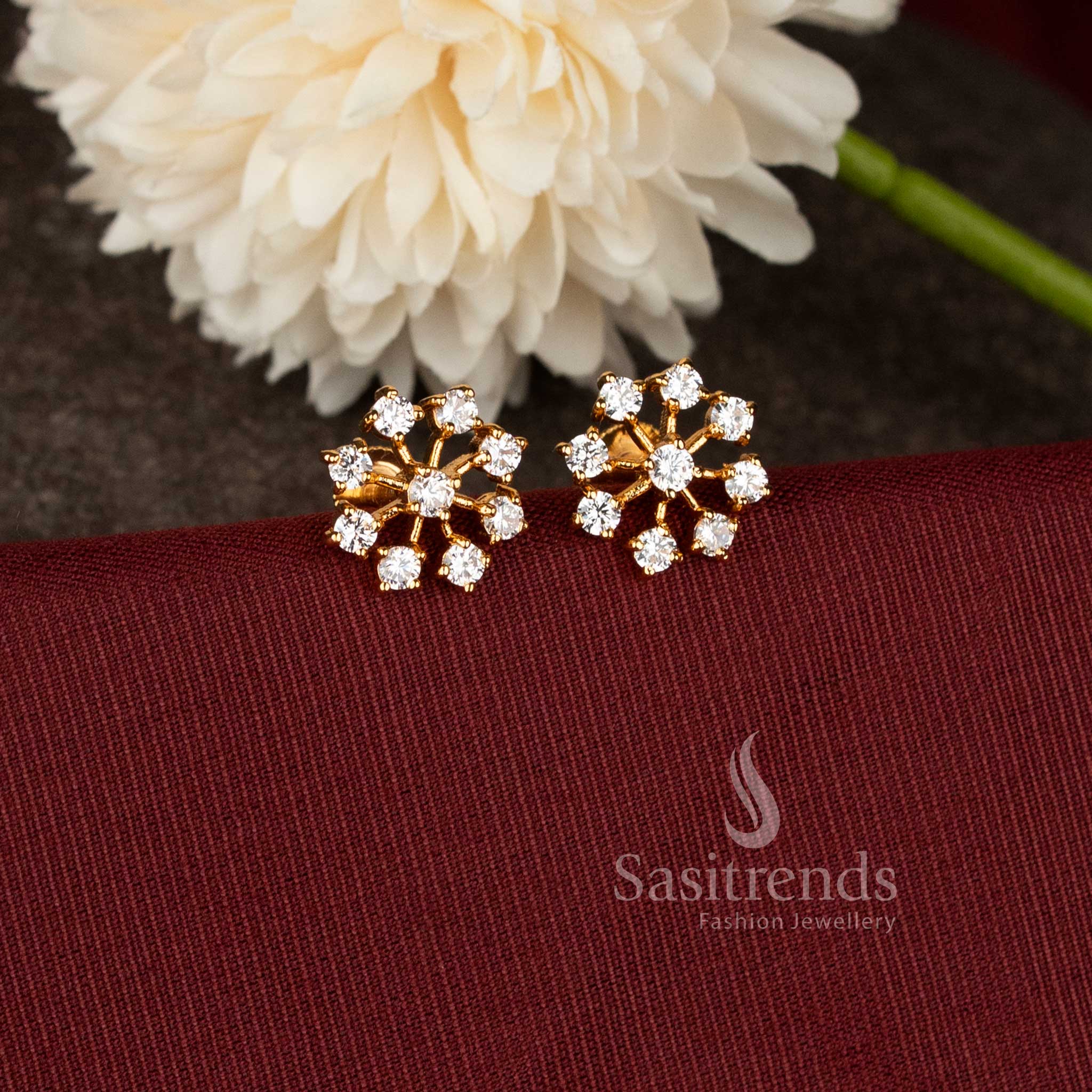 Stylish one gram micro gold plated Navarathna floral screw type stud earrings with White stones for party and cultural wear - Sasitrends.
