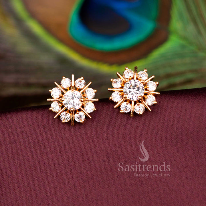 Splendid Guaranteed Micro Gold Plated Sunburst Floral Round AD Stud Earrings for Wedding Elegance