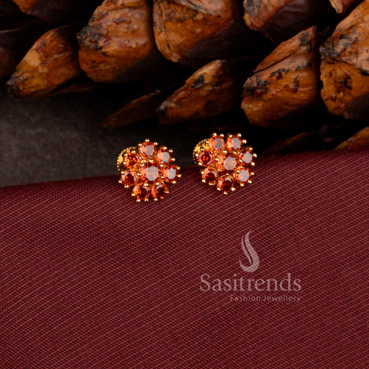 Stylish micro gold plated floral stud earrings with sparkling Black AD stones.