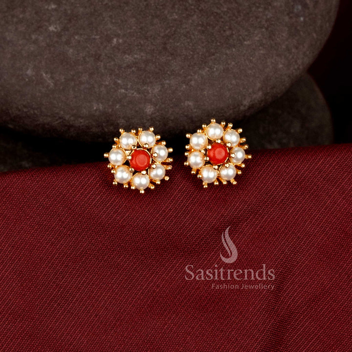 Stylish micro gold plated floral stud earrings with sparkling Black AD stones.