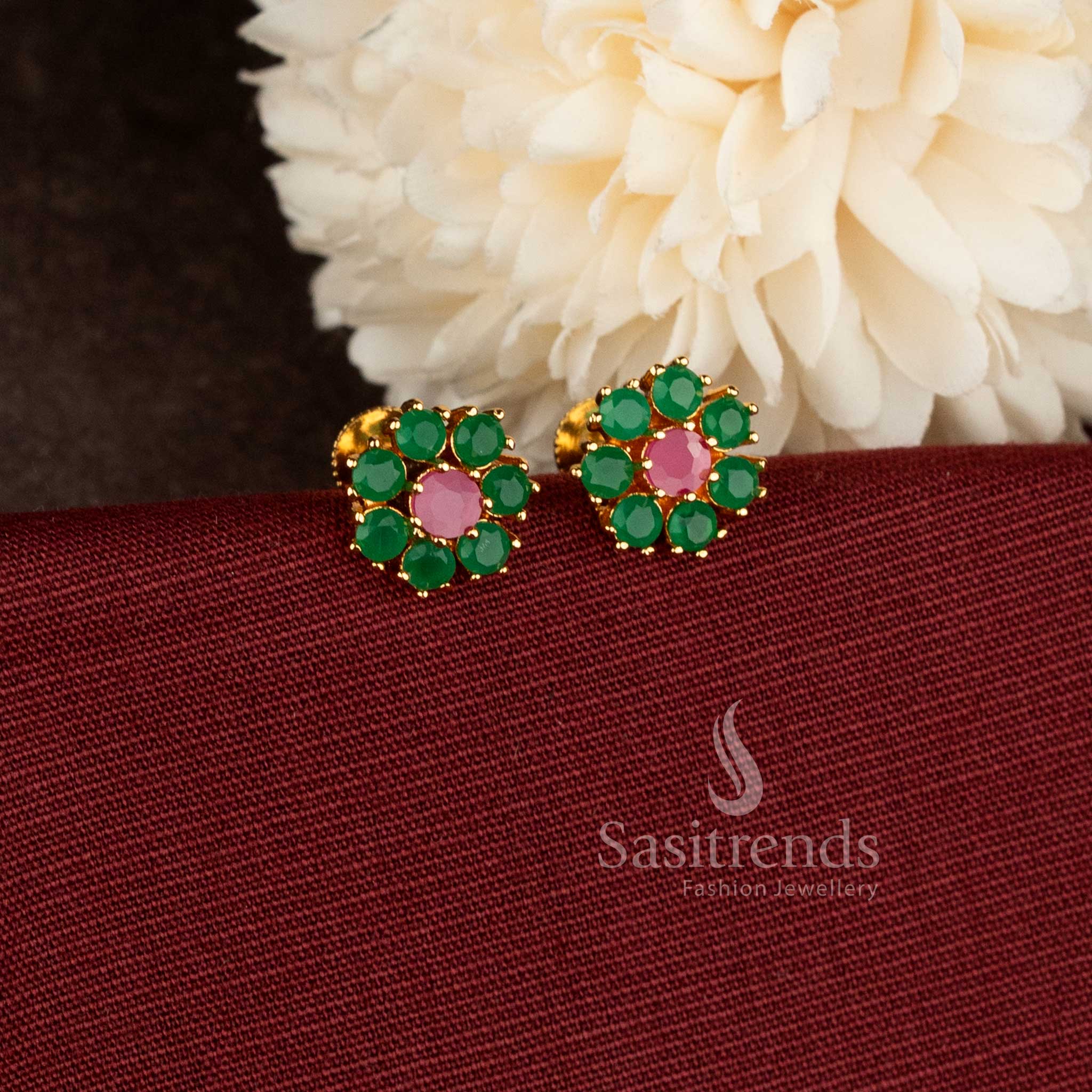 Stylish micro gold plated floral stud earrings with sparkling Green Ruby AD stones