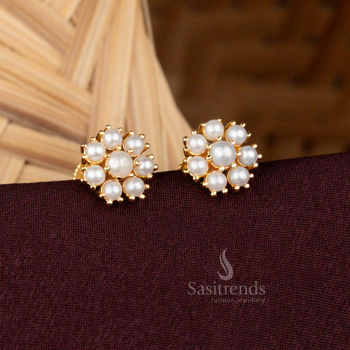 Guaranteed One Gram Micro Gold Plated Pearl Pavalam Floral Stud Screw Type Earrings | Real Gold Look