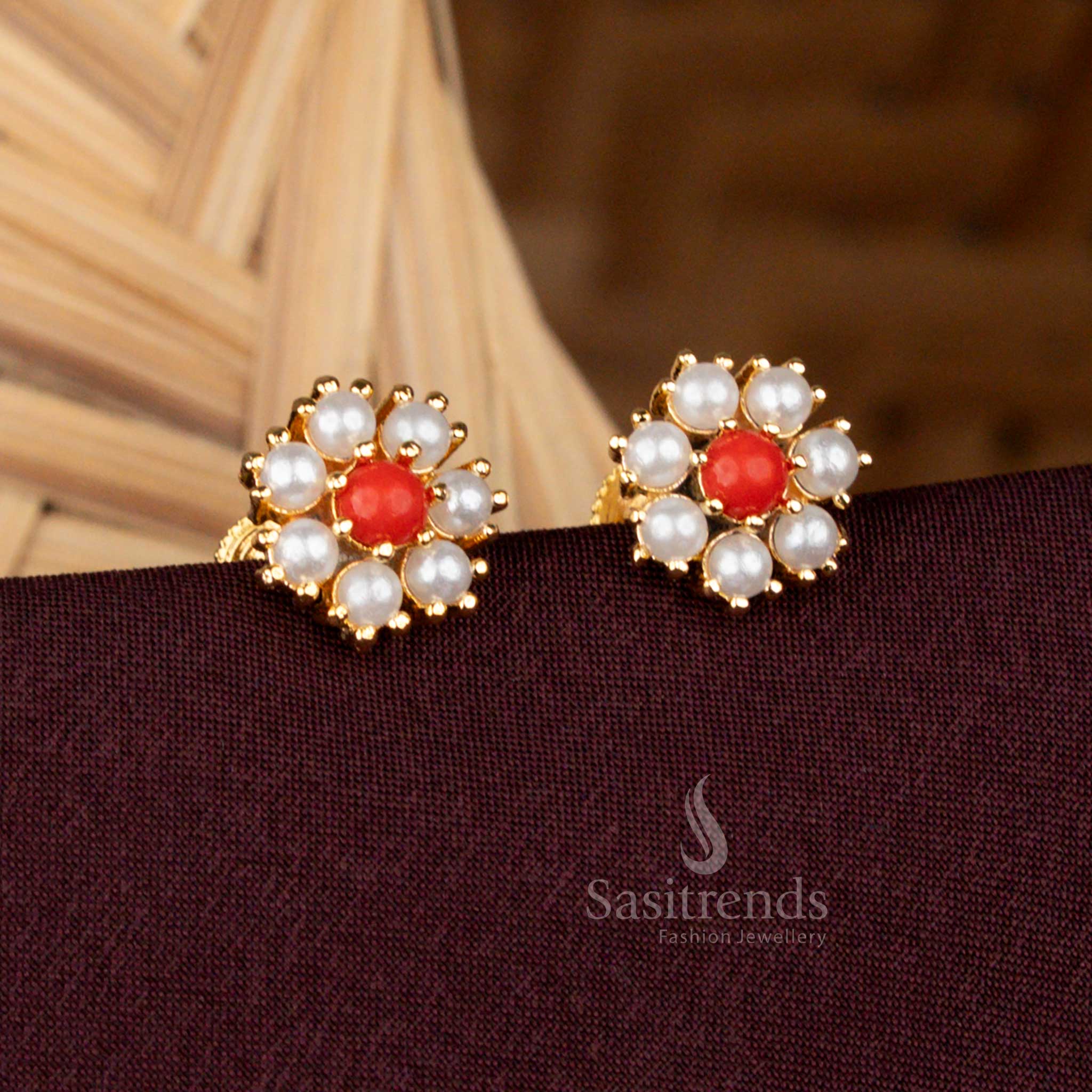 Traditional One Gram Micro Gold Plated Pearl-Pavalam Floral Earrings - Sasitrends