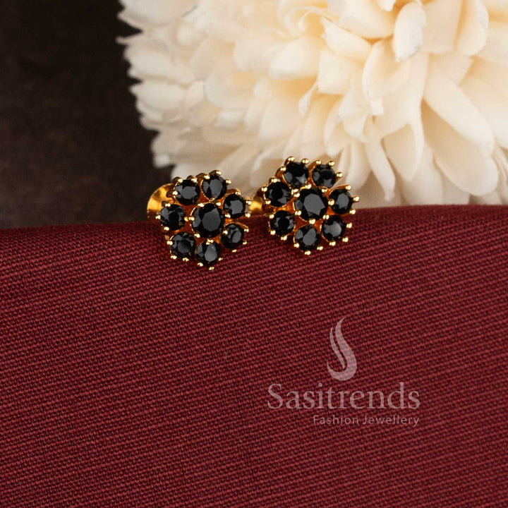 Stylish micro gold plated floral stud earrings with sparkling Black AD stones.