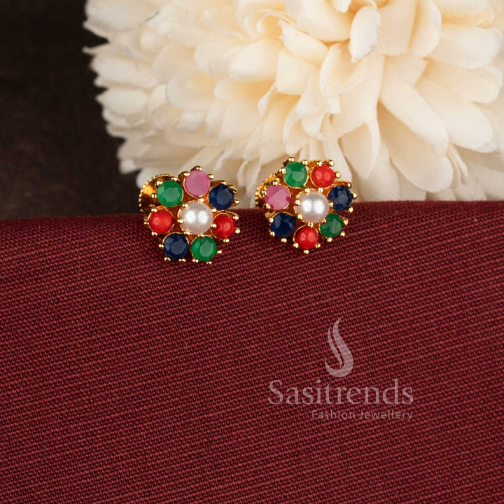 Trendy gold plated Pearl  Navarathna American Diamond stud earrings with floral patter