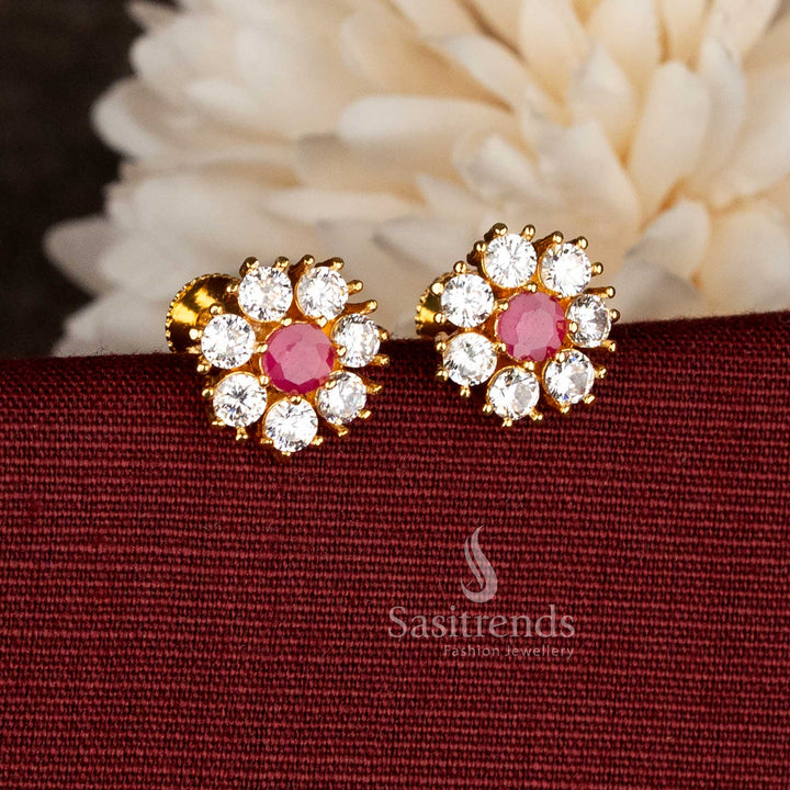 Guaranteed One Gram Micro Gold Plated White Ruby Floral Earrings - Sasitrends