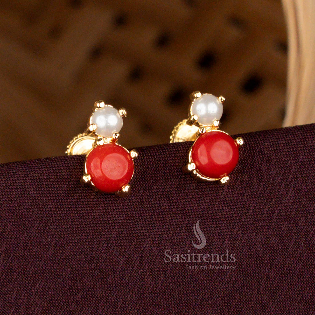 Micro Gold Plated Pearl Pavalam Dual Stone Stud Earrings Sasitrends