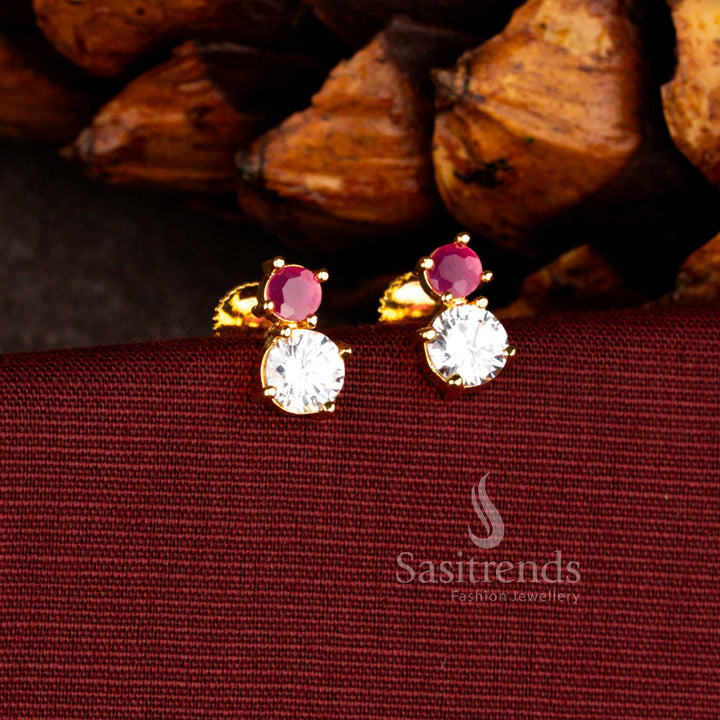 Sasitrends guaranteed ruby green micro gold plated pearl pavalam dual stone stud screw type earrings featuring a rich real gold look finish, elegant pearl accents and secure back screw design for daily and festive wear.