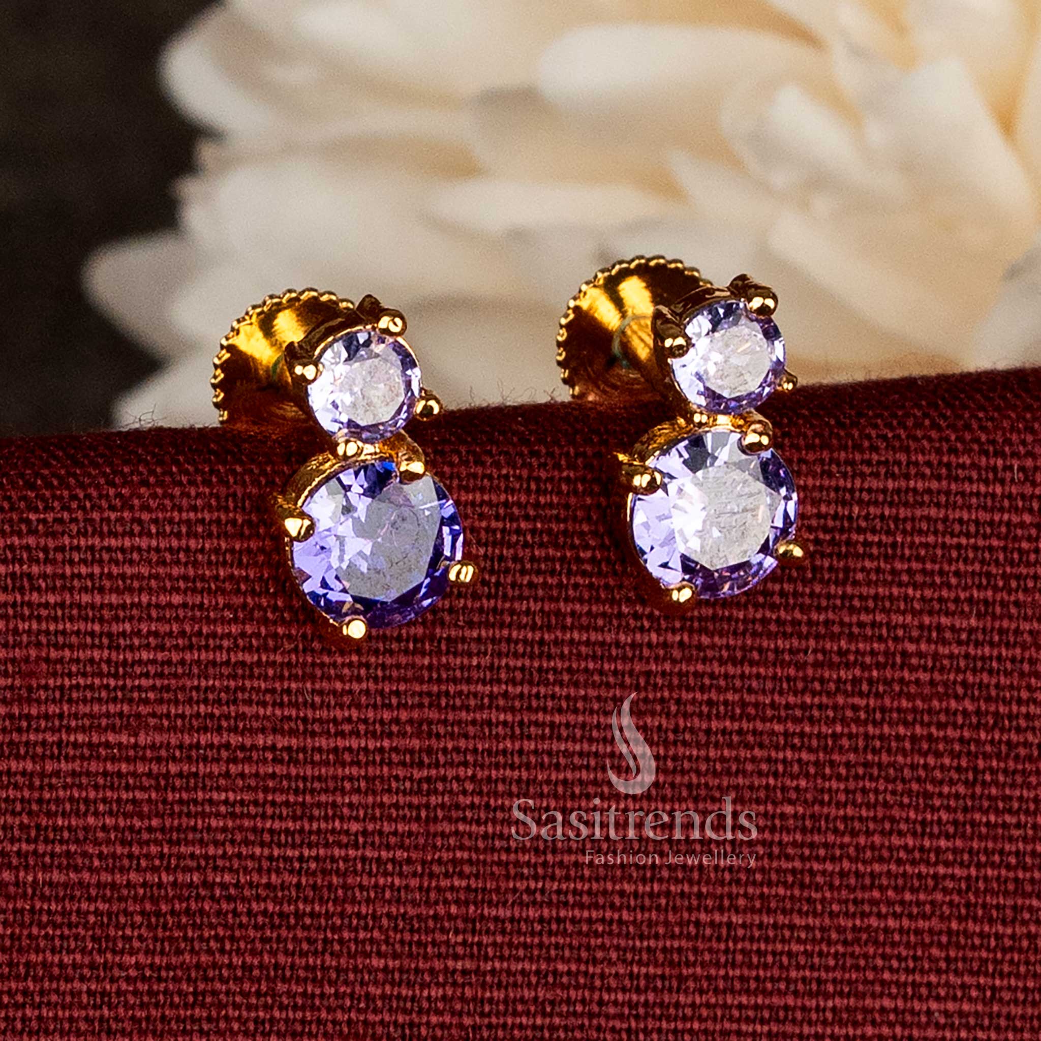 Attractive Purple AD Stone Stud Earrings with 24K Guaranteed 24K Micro Gold Plating that Look Like Real Gold - Sasitrends
