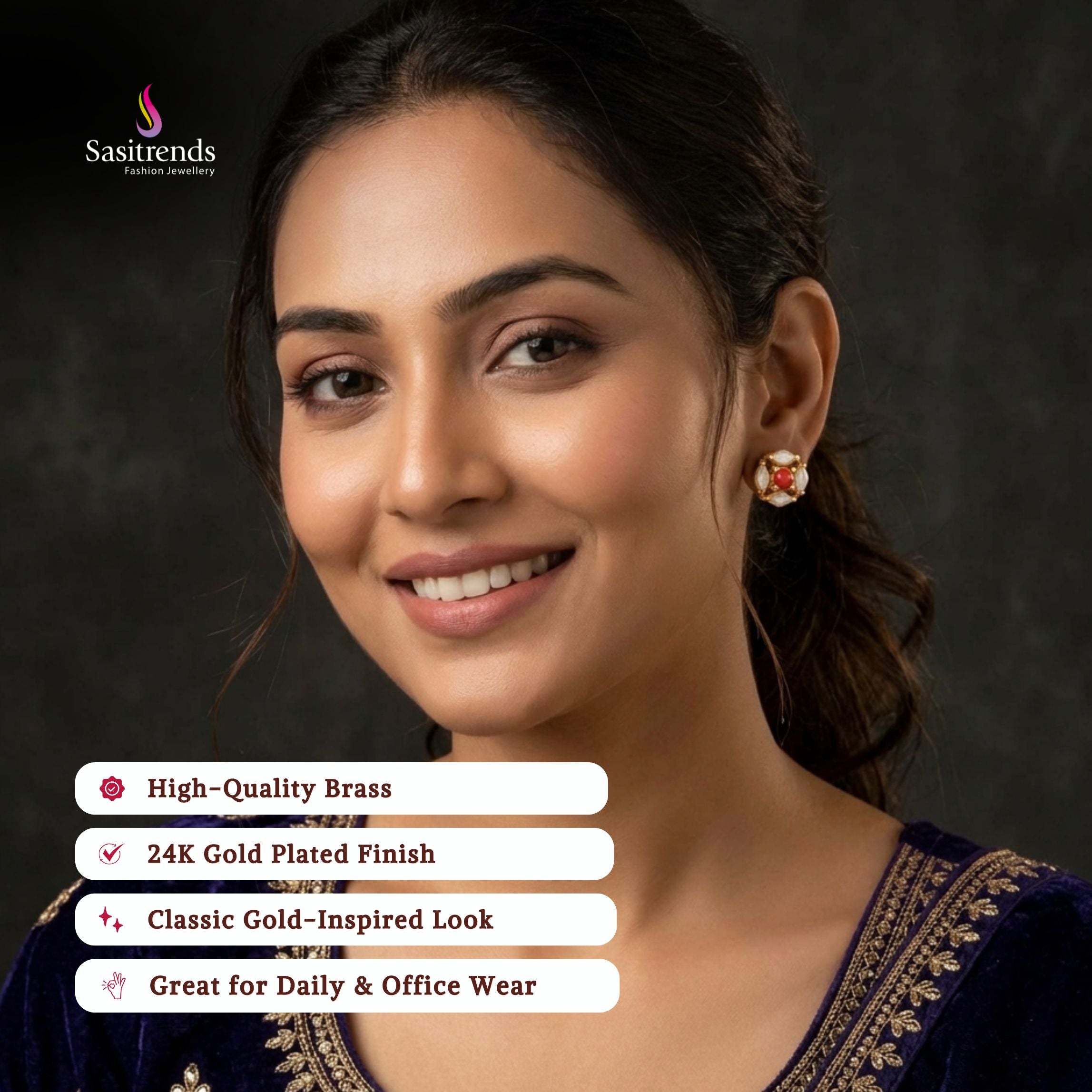 Guaranteed Micro gold plated AD stone earrings model image - Sasitrends