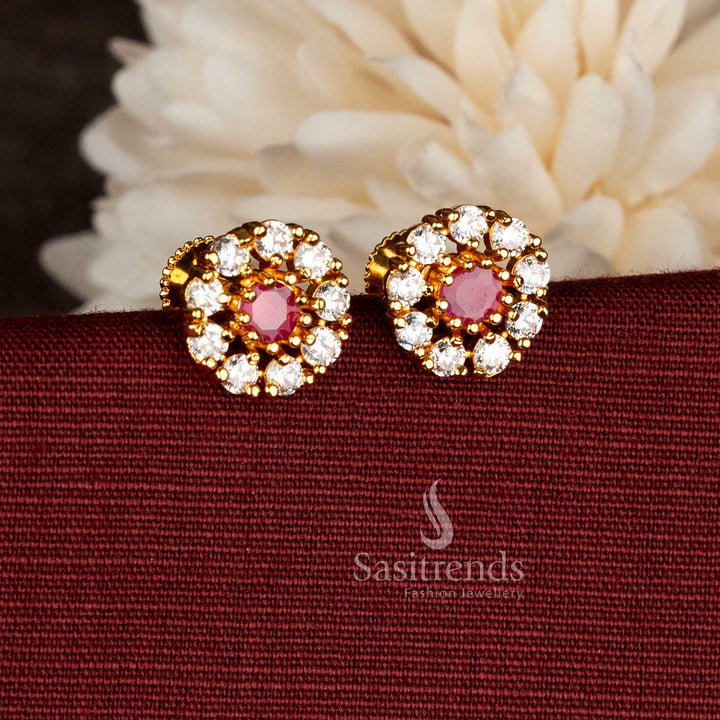 Artisan micro gold plated white ruby round cluster screw stud earrings designed for chic minimalistic style with soft elegance and subtle daily shine – Sasitrends