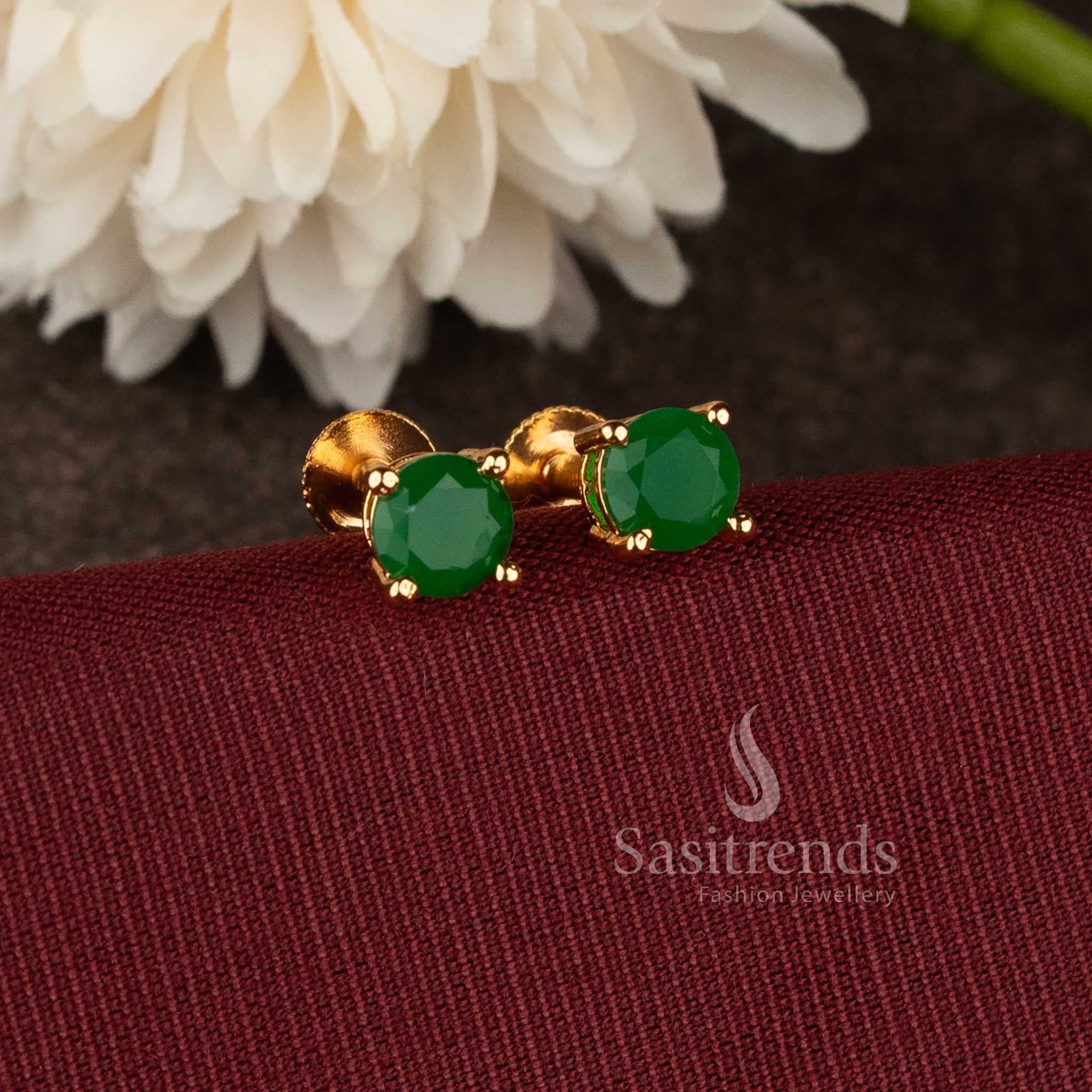 Designer micro gold plated  stud earrings with elegant green stone craftsmanship - Sasitrends.