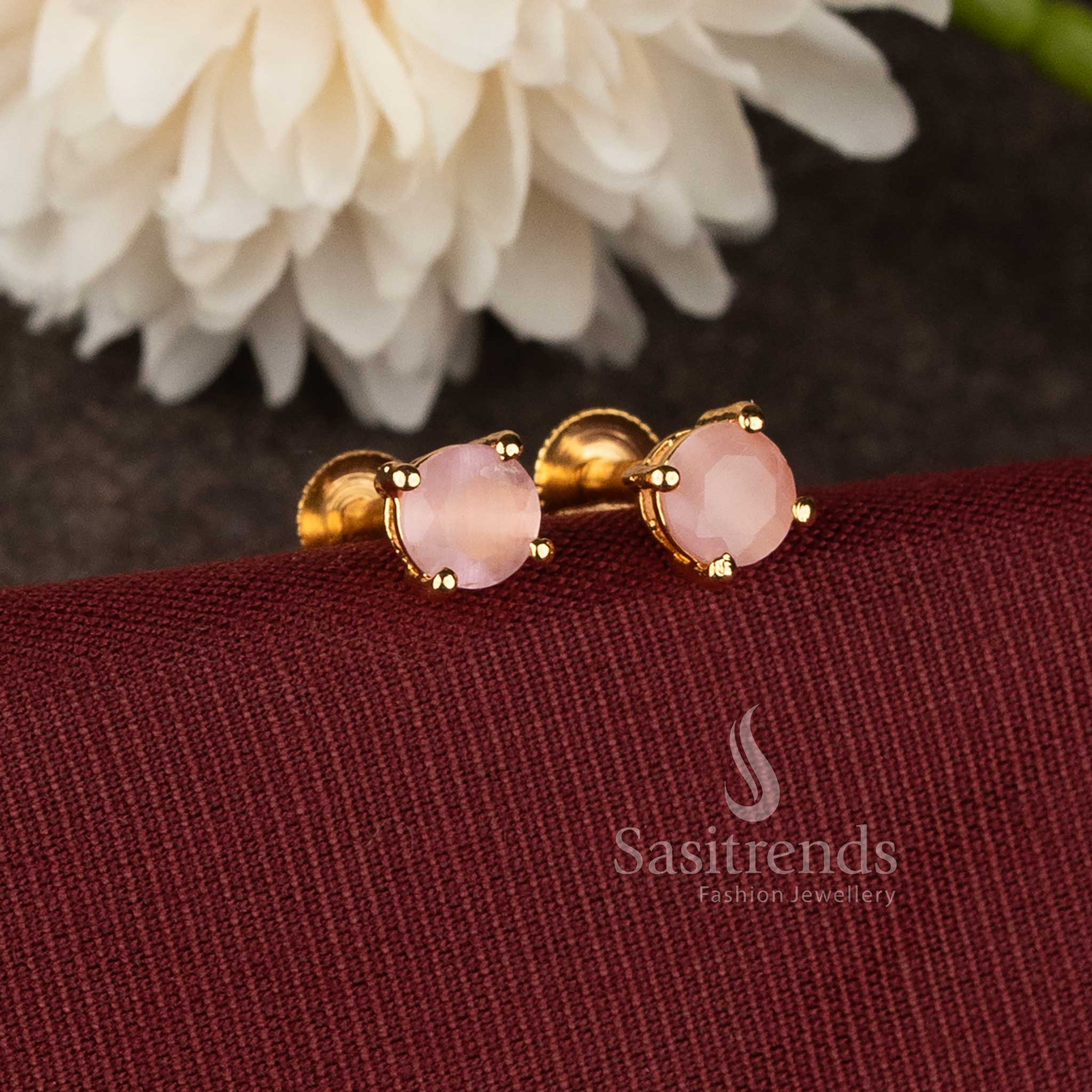 Designer micro gold plated  stud earrings with elegant pink stone craftsmanship - Sasitrends.
