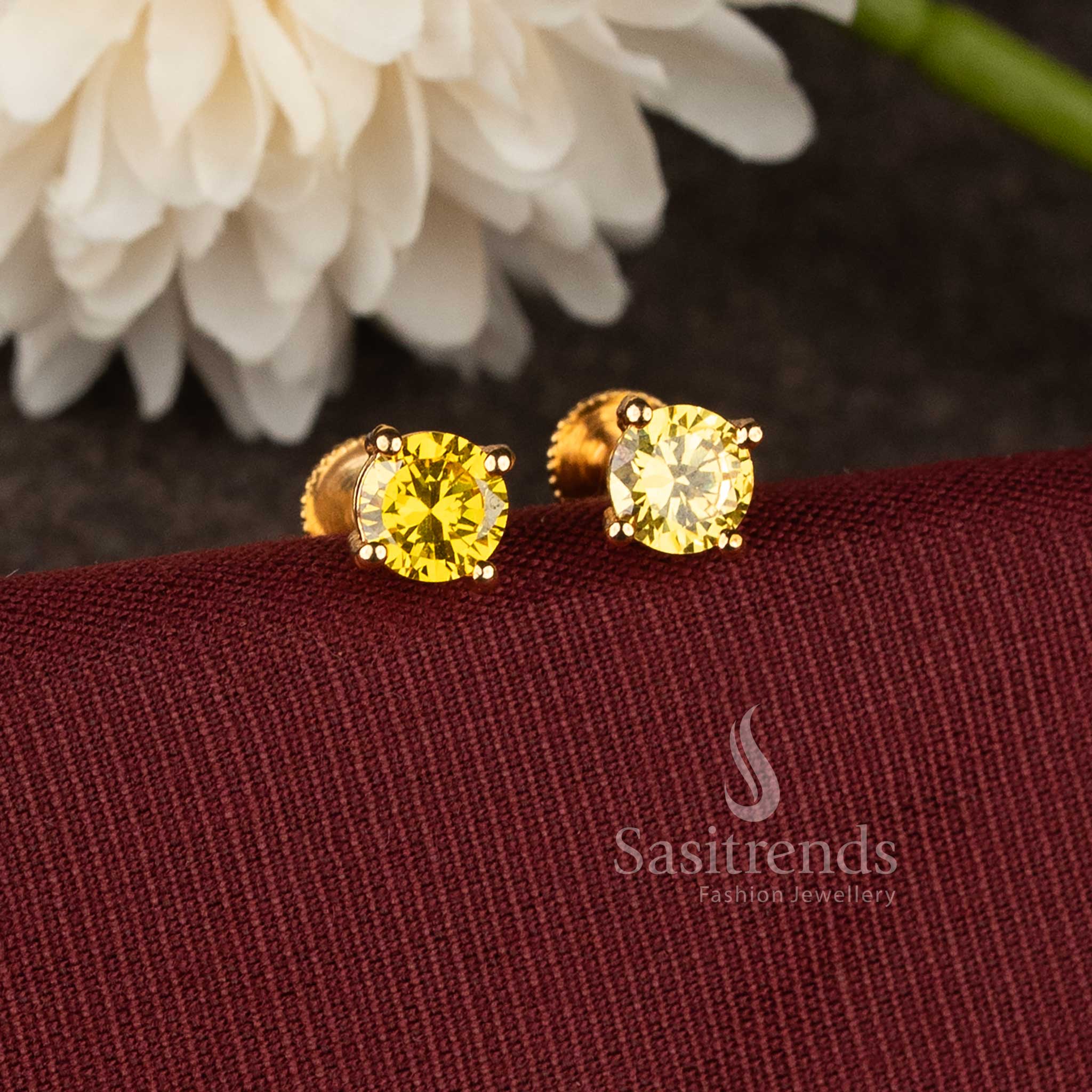 Designer micro gold plated  stud earrings with elegant yellow stone craftsmanship - Sasitrends.
