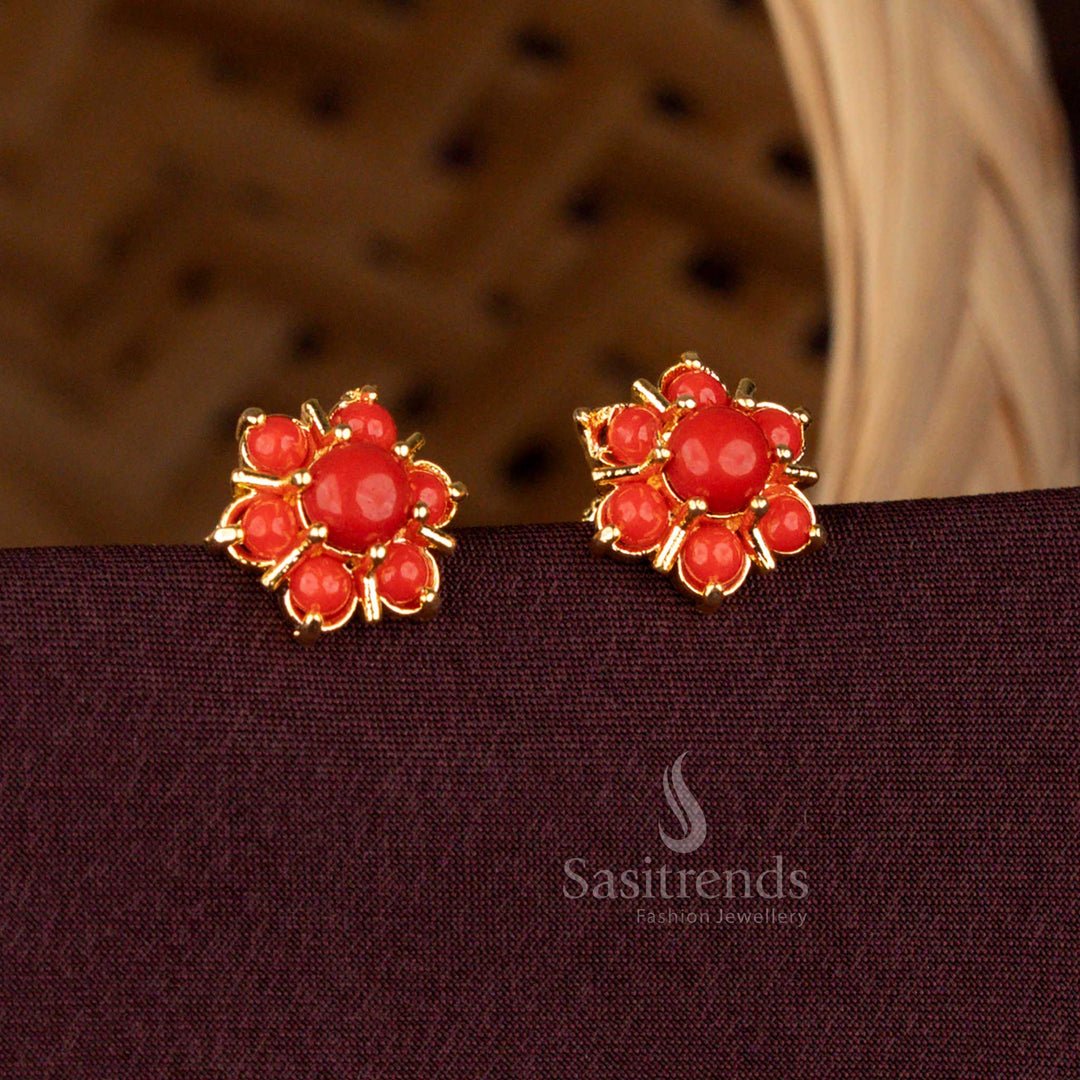 Traditional Floral Earrings with Pearls and Pavalam Stones in Gold Finish