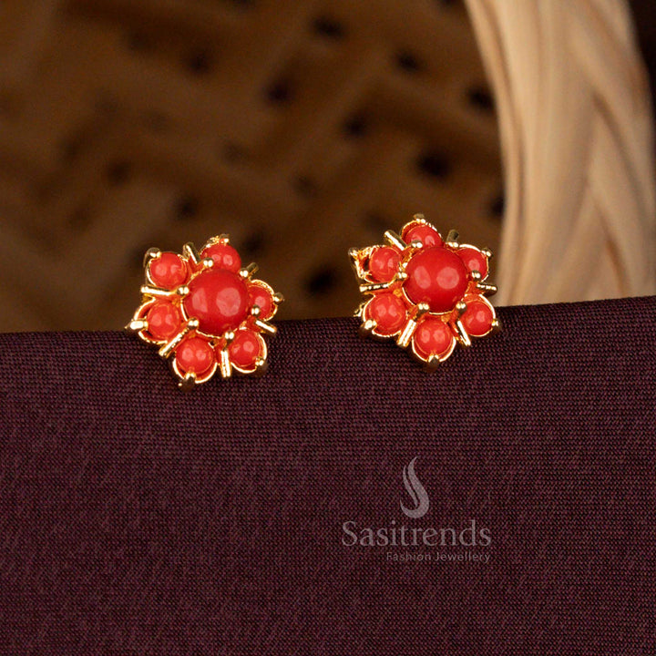 Traditional One Gram Gold Plated Pearl Pavalam Floral Stud Handmade Screw Type Earrings