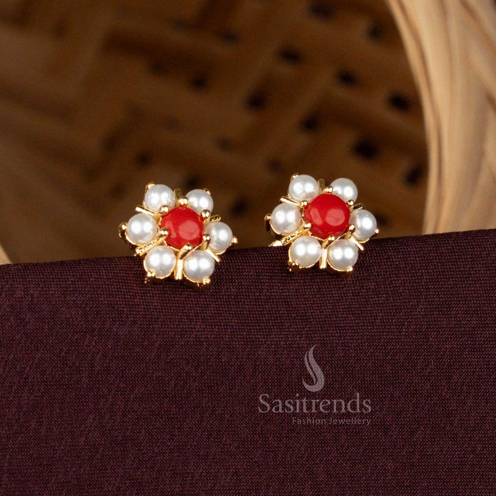 Pearl Pavalam Floral Stud Earrings with 24K Gold Plating by Sasitrends 