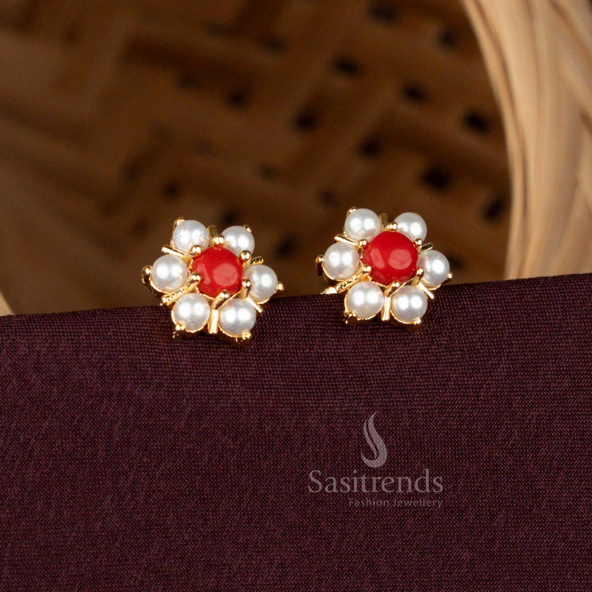 Pearl Pavalam Floral Stud Earrings with 24K Gold Plating by Sasitrends 