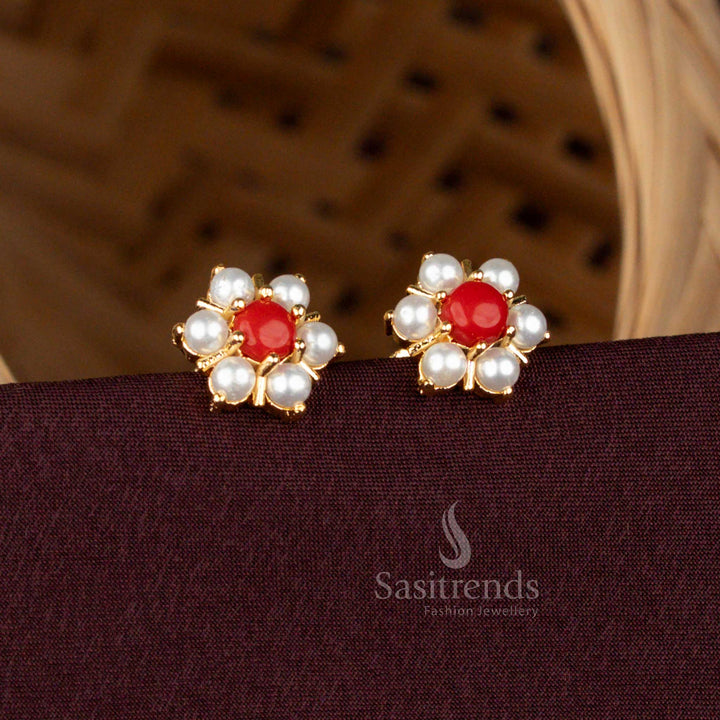 Pearl Pavalam Floral Stud Earrings with 24K Gold Plating by Sasitrends 