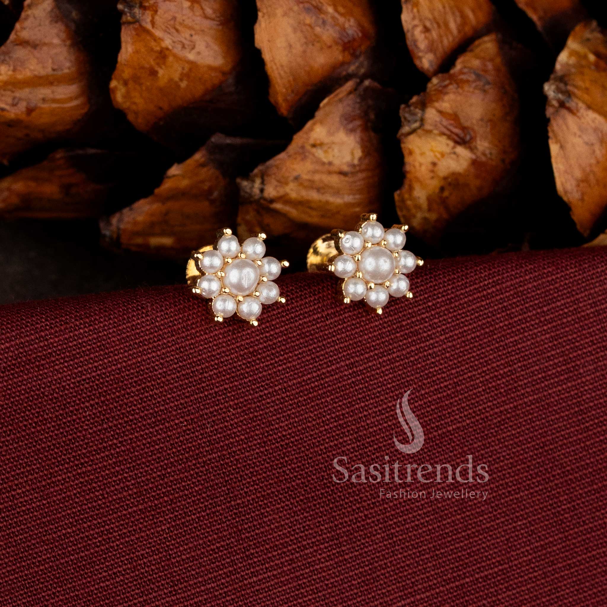Micro Gold Plated Pearl Round Floral Stud Earrings with Screw Back by Sasitrends