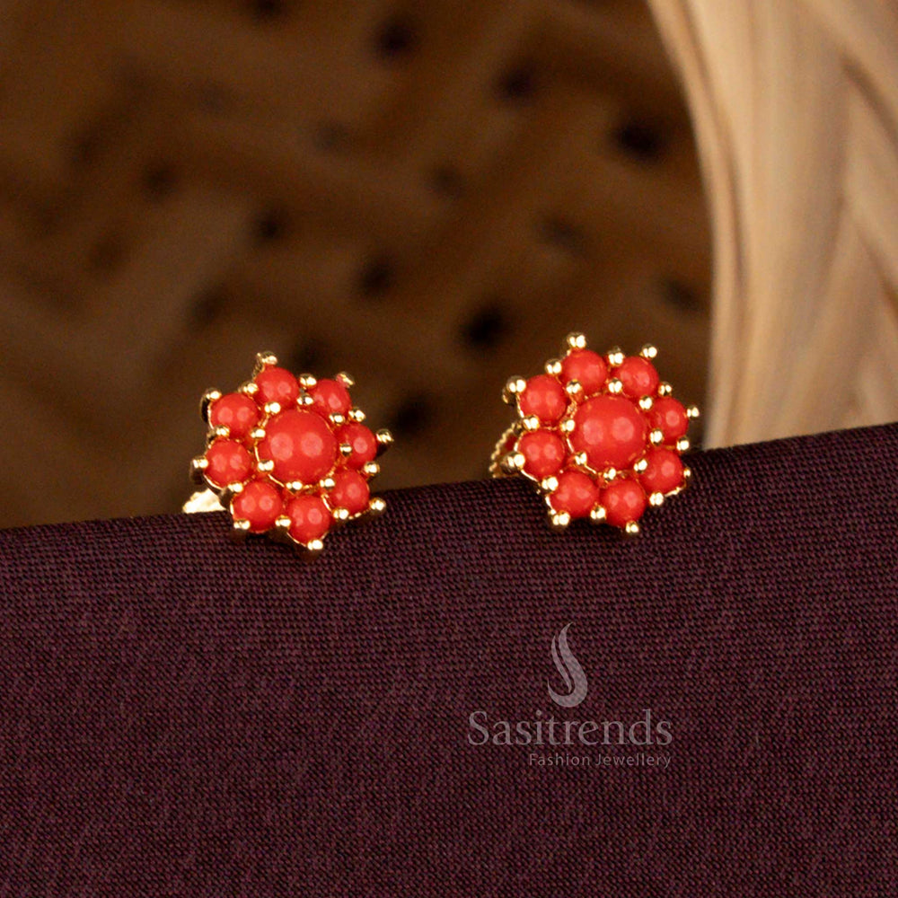 Micro Gold Plated Pavalam Round Floral Stud Earrings with Screw Back by Sasitrends
